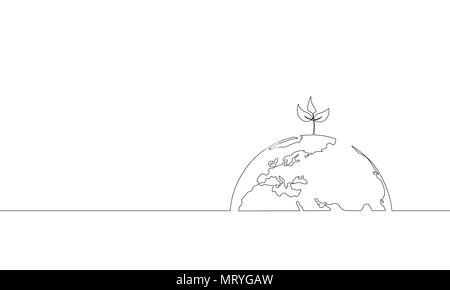 Single continuous one line art growing sprout. Plant leaves grow planet Earth seedling eco natural concept design sketch drawing vector illustration Stock Vector