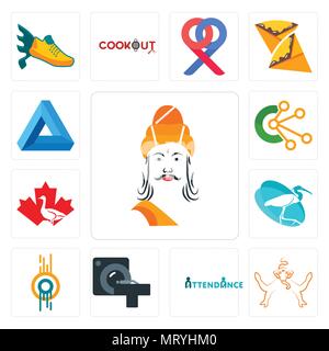 Set Of 13 simple editable icons such as ashoka, ganesh, attendance, ct scan, double o, egret, canada goose, comunication, penrose triangle can be used Stock Vector
