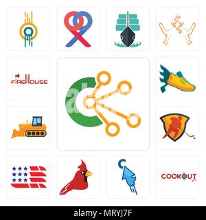 Set Of 13 simple editable icons such as comunication, cookout, fastclick, cardinal bird, american flag, power play hockey, dozer, flying shoe, firehou Stock Vector