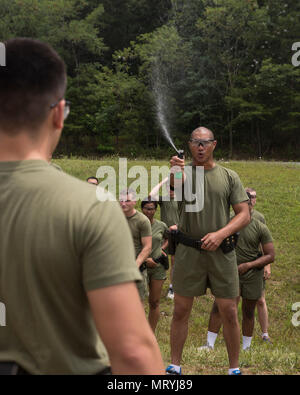 A student attached to Marine Corps Embassy Security Group practices how to properly use oleoresin capsicum (OC) spray on Marine Corps Base Quantico, Va., July 7, 2017. Students are sprayed with OC as a part of their training to become Marine Security Guards. (U.S. Marine Corps photo by Lance Cpl. Yasmin D. Perez) Stock Photo