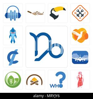 Set Of 13 simple editable icons such as capricorn, womens fashion, who, hearth, leaf, airplane front, cent, humming bird, shark mascot can be used for Stock Vector