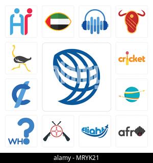 Set Of 13 simple editable icons such as wire globe, afro, flight, shooters, who, import export, cent, cricket, ostrich can be used for mobile, web UI Stock Vector