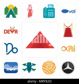 Set Of 13 simple editable icons such as pyramid, mercedes, golden rose, quadcopter, airplane front, alpha, capricorn, carpet, dear can be used for mob Stock Vector