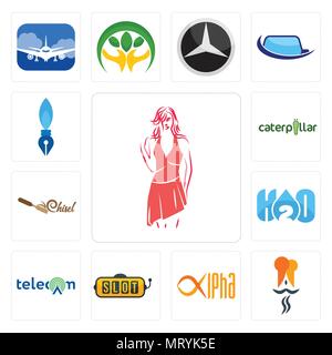 Set Of 13 simple editable icons such as womens fashion, indian restaurant, alpha, slot machine, , h2o, chisel, caterpillar, pen nib can be used for mo Stock Vector