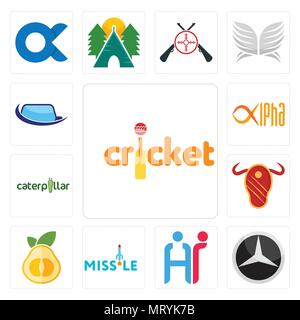 Set Of 13 simple editable icons such as cricket, mercedes, hr, missile, pomelo, steak house, caterpillar, alpha, auto glass can be used for mobile, we Stock Vector