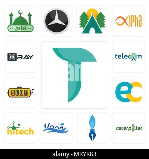 Set Of 13 simple editable icons such as teal, caterpillar, pen nib, flood, hitech, ec, slot machine, , xray can be used for mobile, web UI Stock Vector