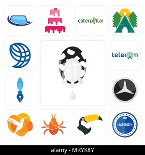 Set Of 13 simple editable icons such as milk company, passport stamp, tucan, cockroach, humming bird, mercedes, pen nib, , wire globe can be used for  Stock Vector