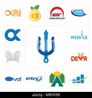 Set Of 13 simple editable icons such as trident, accounting, campsite, embryo, oval, dear, silver wings, missile, can be used for mobile, web UI Stock Vector
