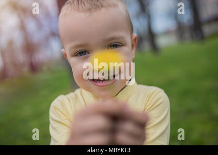 Cute little boy having fun in park. Active sport leisure for kids on playground. Little boy with blue eyes in yellow shirt playing on playground. Stock Photo