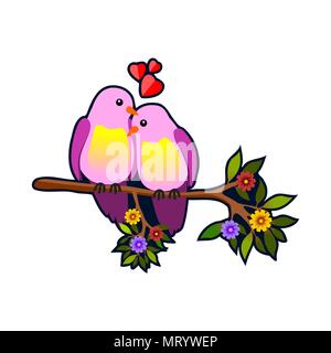 Floral frame with two passionate birds on a branch. Vector illustration Stock Vector