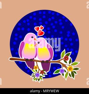 Floral frame with two passionate birds on a branch. Vector illustration Stock Vector
