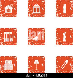 Plan of building icons set, grunge style Stock Vector