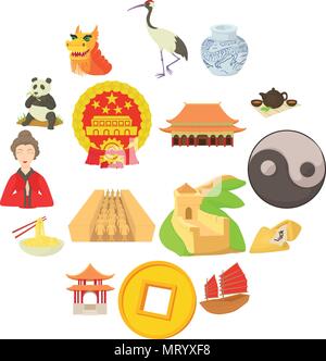 China travel sport icons set, cartoon style Stock Vector