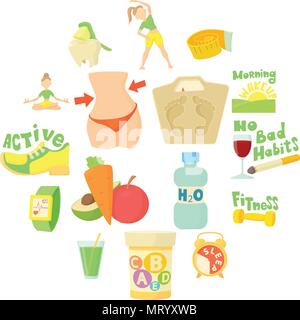 Healthy lifestyle icons set, cartoon style Stock Vector