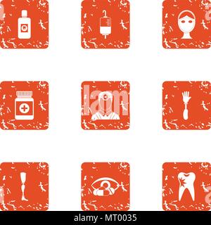 Pharmaceutical production icons set, grunge style Stock Vector