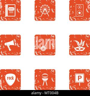 Street concert icons set, grunge style Stock Vector