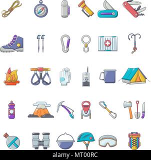 Mountaineering equipment icons set, cartoon style Stock Vector