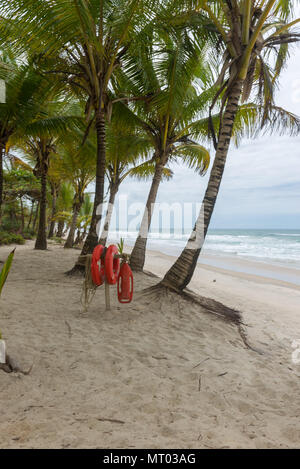 Red life buoy with rope and a flag on the background Stock Photo