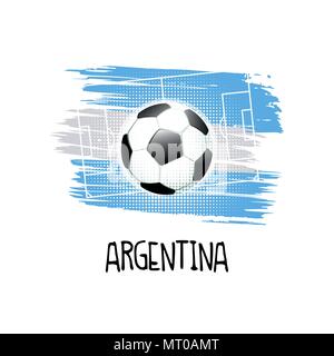 Hand written word 'Argentina' with soccer ball, soccer field and abstract colors of the Argentina flag. Vector illustration. Stock Vector