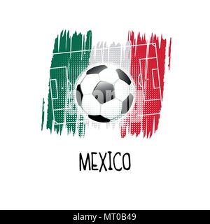 Hand written word 'Mexico' with soccer ball, soccer field and abstract colors of the Mexican flag. Vector illustration. Stock Vector