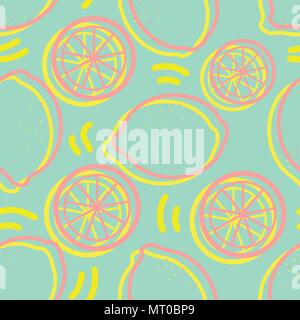 Yellow and pink outline lemon random on blue background. Seamless pattern background design for Summer season or fruit in vector illustration. Stock Vector