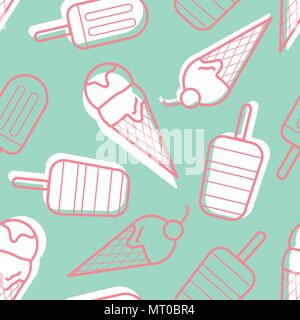 Red outline ice cream with white plane on blue background. Seamless pattern background design for Summer season or ice cream in vector illustration. Stock Vector
