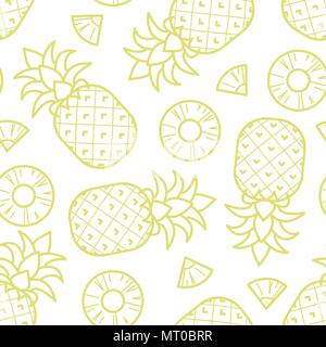 Yellow outline pineapple random on white background. Seamless pattern background design for Summer season or fruit in vector illustration. Stock Vector