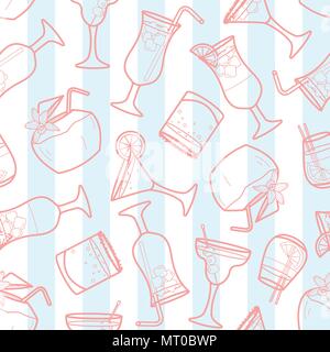 Pink outline cocktails random on blue and white stripe background. Seamless pattern background design for Summer season or cocktail drink in vector il Stock Vector