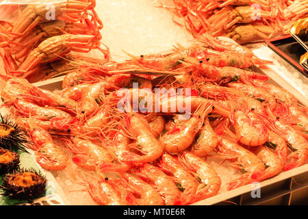 Indoor Omicho Ichiba, Omicho Market, est mid 18th century, largest fresh food market in Kanazawa, Japan. Prawns on tables at fresh fish store. Stock Photo