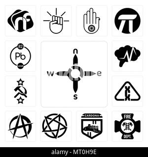 Set Of 13 simple editable icons such as n s e w, fire dept, cardona, devil's, anarchist, carcinogen, soviet, epilepsy, chemical can be used for mobile Stock Vector