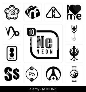 Set Of 13 simple editable icons such as neon, qigong, psg, chemical, singapore dollar, punjabi, mens bathroom, doctor, capricorn can be used for mobil Stock Vector