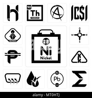 Set Of 13 simple editable icons such as nickel, sigma, chemical, hypoallergenic, defroster, carcinogen, cuban peso, n s e w, choking hazard can be use Stock Vector