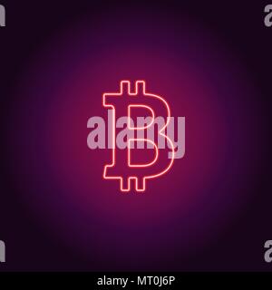 Neon icon of red Bitcoin. Vector illustration of red Neon Bitcoin consisting of neon outlines, with backlight on the dark background Stock Vector