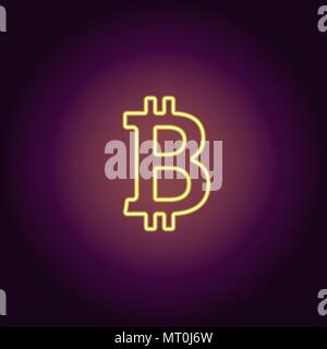 Neon icon of yellow Bitcoin. Vector illustration of yellow Neon Bitcoin consisting of neon outlines, with backlight on the dark background Stock Vector