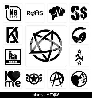 Set Of 13 simple editable icons such as devil's, , anarchist, air force, soviet, radium, vegan vs vegetarian, kd can be used for mobile, web UI Stock Vector