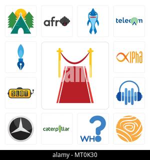Set Of 13 simple editable icons such as carpet, golden rose, who, caterpillar, mercedes, audio visual, slot machine, alpha, pen nib can be used for mo Stock Vector
