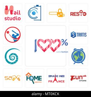 Set Of 13 simple editable icons such as 100 satisfaction, gun store, made in france, home inspection, sax, earth hour, nautilus shell, stratis, batsma Stock Vector