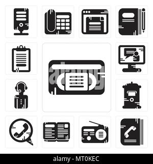 Set Of 13 simple editable icons such as Vhs, Phone book, Radio, Open call, Mailbox, News reporter, Video Clipboard can be used for mobile, web UI Stock Vector