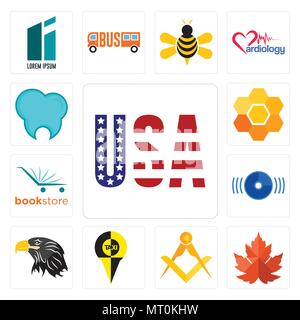 Set Of 13 simple editable icons such as american flag, maple leaf, masonic, , eagle head, disk, bookstore, honeycomb, dental clinic can be used for mo Stock Vector