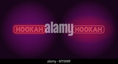 Neon icon of red Hookah inscription. Vector illustration of red Neon Hookah text consisting of neon outlines, with backlight on the dark background Stock Vector