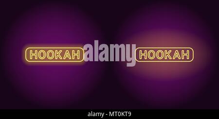 Neon icon of yellow Hookah inscription. Vector illustration of yellow Neon Hookah text consisting of neon outlines, with backlight on the dark backgro Stock Vector