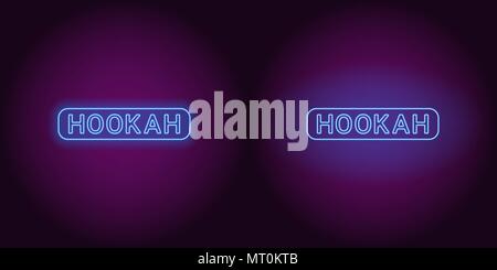 Neon icon of blue Hookah inscription. Vector illustration of blue Neon Hookah text consisting of neon outlines, with backlight on the dark background Stock Vector