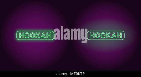 Neon icon of green Hookah inscription. Vector illustration of green Neon Hookah text consisting of neon outlines, with backlight on the dark backgroun Stock Vector
