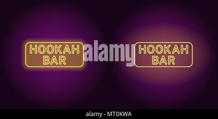 Neon icon of yellow Hookah Bar inscription. Vector illustration of yellow Neon Hookah Bar consisting of neon outlines, with backlight on the dark back Stock Vector