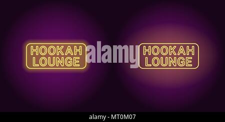 Neon icon of yellow Hookah Lounge inscription. Vector illustration of yellow Neon Hookah Lounge consisting of neon outlines, with backlight on the dar Stock Vector