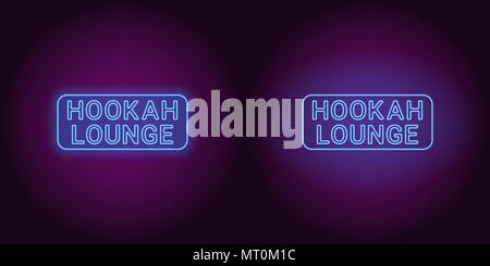 Neon icon of blue Hookah Lounge inscription. Vector illustration of blue Neon Hookah Lounge consisting of neon outlines, with backlight on the dark ba Stock Vector