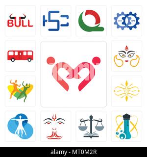 Set Of 13 simple editable icons such as friendship, science, naacp, anjaneya, vitruvian man, vip, , durga, bus can be used for mobile, web UI Stock Vector
