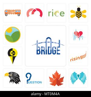 Set Of 13 simple editable icons such as bridge, angel wing, maple leaf, question, eagle head, rising, , heartbeat, farm can be used for mobile, web UI Stock Vector