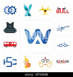 Set Of 13 simple editable icons such as a & w, savage, durga, 1 year warranty, hsc, bike, bus, dreamliner, body armor can be used for mobile, web UI Stock Vector