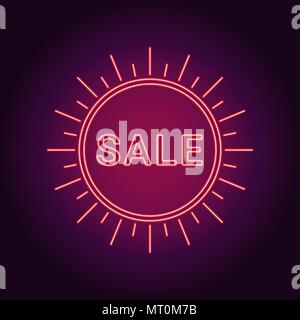Neon banner of red Sale badge. Vector illustration of red Neon Sale Offer consisting of neon outlines and sunburst frame, with backlight on the dark b Stock Vector